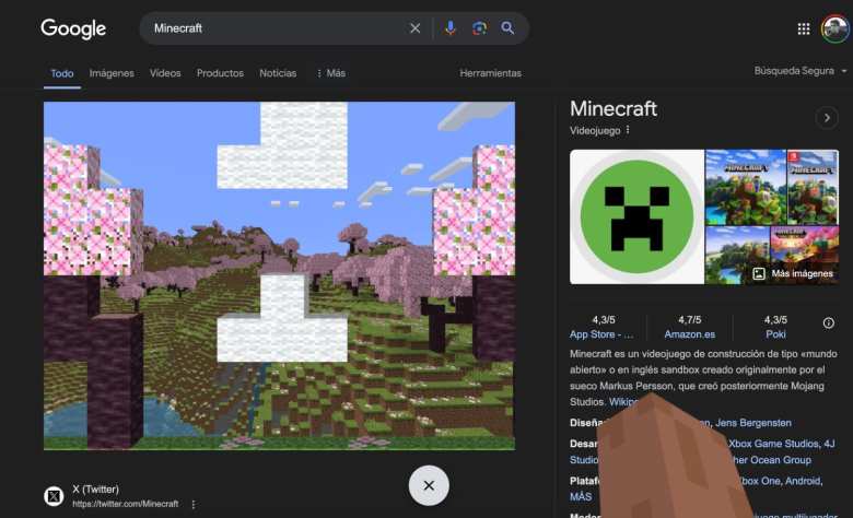 Minecraft dans la recherche Google